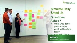 Questions
Asked?
 What was done
previous day
 what will be done
today
 Any road block
Action:
Perform Daily stand up exercise
 
