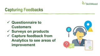  Questionnaire to
Customers
 Surveys on products
 Capture feedback from
Analytics to see areas of
improvement
 