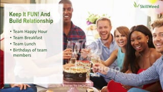 • Team Happy Hour
• Team Breakfast
• Team Lunch
• Birthdays of team
members
 