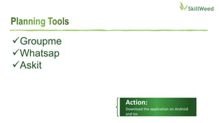 Groupme
Whatsap
Askit
Action:
Download the application on Android
and Ios
 