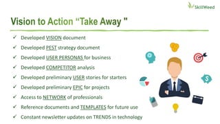  Developed VISION document
 Developed PEST strategy document
 Developed USER PERSONAS for business
 Developed COMPETITOR analysis
 Developed preliminary USER stories for starters
 Developed preliminary EPIC for projects
 Access to NETWORK of professionals
 Reference documents and TEMPLATES for future use
 Constant newsletter updates on TRENDS in technology
 