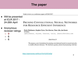 The paper
2
● Will be presented
at ICLR 2017 -
24-26th April
● Anonymous
reviewer ratings
○ 9
○ 6
○ 6
https://openreview.net/forum?id=SJGCiw5gl
 