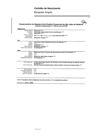 Certidão de Nascimento
Benguela, Angola
10 de 10
 