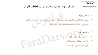 ‫فلزی‬ ‫قطعات‬ ‫تولید‬ ‫و‬ ‫ساخت‬ ‫های‬ ‫روش‬ ‫معرفی‬
•‫با‬‫کاهش‬‫جرم‬
•‫سنتی‬:،‫تراشکاری‬،‫فرزکاری‬‫سنگ‬،‫زنی‬‫صفحه‬،‫تراشی‬‫اره‬،‫کاری‬‫سوراخ‬،‫کاری‬‫خان‬‫کشی‬
•‫غیر‬‫سنتی‬:EBM, IBM, LBM, WJM,AJM, ECM, EDM
•‫با‬‫افزایش‬‫جرم‬
•‫مکانیکی‬:‫پیچ‬‫و‬،‫مهره‬‫پرچ‬
•‫حرارتی‬:،‫جوشکاری‬‫لحیم‬‫کاری‬
•‫روش‬‫های‬‫شیمیایی‬:‫چسب‬‫ها‬
3
‫با‬ ‫فلزات‬ ‫دهی‬ ‫شکل‬ ‫تحلیل‬
DEFORM
faradars.org/fvmec94063
‫س‬‫ر‬‫د‬‫ا‬‫ﺮ‬‫ﻓ‬
FaraDars.org
 