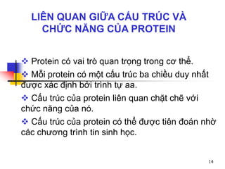 LIÊN QUAN GIỮA CẤU TRÚC VÀ
CHỨC NĂNG CỦA PROTEIN
 Protein có vai trò quan trọng trong cơ thể.
 Mỗi protein có một cấu trúc ba chiều duy nhất
được xác định bởi trình tự aa.
 Cấu trúc của protein liên quan chặt chẽ với
chức năng của nó.
 Cấu trúc của protein có thể được tiên đoán nhờ
các chương trình tin sinh học.
14
 
