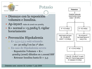 Potasio
 Dismuye con la reposición
volumen e Insulina.
 Ap-inyect viales de 20ml con 40mEq
 K+ normal o >5,5mEq/L vigilar
horariamente
 Prevención Hipokalemia
 K+ 3,3 a 5,5 y está orinando
 20- 30 mEq/l en las 1ª 2hrs
 En caso de Hipokalemia severa
 Reposición Volumen + K+:
40mEq (20ml) diluidos en 1.oooml SSF
 Retrasar Insulina hasta K+> 3,3
Diabetes care, volume 32, number 7, july 2009
Volumen
Insulina
PotasioBicarbonato
Factores
Precipitantes
 