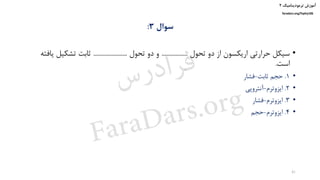 ‫ترمودینامیک‬ ‫آموزش‬۲
faradars.org/fvphy106
‫سوال‬3:
•‫تحول‬ ‫دو‬ ‫از‬ ‫اریکسون‬ ‫حرارتی‬ ‫سیکل‬.................‫تحول‬ ‫دو‬ ‫و‬......................‫یاف‬ ‫تشکیل‬ ‫ثابت‬‫ته‬
‫است‬.
•1.‫ثابت‬ ‫حجم‬-‫فشار‬
•2.‫ایزوترم‬-‫آنتروپی‬
•3.‫ایزوترم‬-‫فشار‬
•4.‫ایزوترم‬-‫حجم‬
41
‫س‬‫ر‬‫د‬‫ا‬‫ﺮ‬‫ﻓ‬
FaraDars.org
 