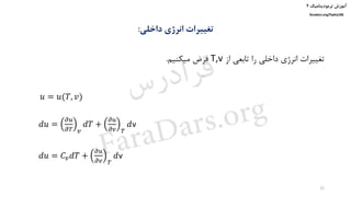 ‫ترمودینامیک‬ ‫آموزش‬۲
faradars.org/fvphy106
‫داخلی‬ ‫انرژی‬ ‫تغییرات‬:
𝑢 = 𝑢(𝑇, 𝑣)
𝑑𝑢 =
𝜕𝑢
𝜕𝑇 𝑣
𝑑𝑇 +
𝜕𝑢
𝜕𝑣 𝑇
𝑑v
𝑑𝑢 = 𝐶𝑣 𝑑𝑇 +
𝜕𝑢
𝜕𝑣 𝑇
𝑑v
‫از‬ ‫تابعی‬ ‫را‬ ‫داخلی‬ ‫انرژی‬ ‫تغییرات‬T,v‫میکنیم‬ ‫فرض‬.
12
‫س‬‫ر‬‫د‬‫ا‬‫ﺮ‬‫ﻓ‬
FaraDars.org
 