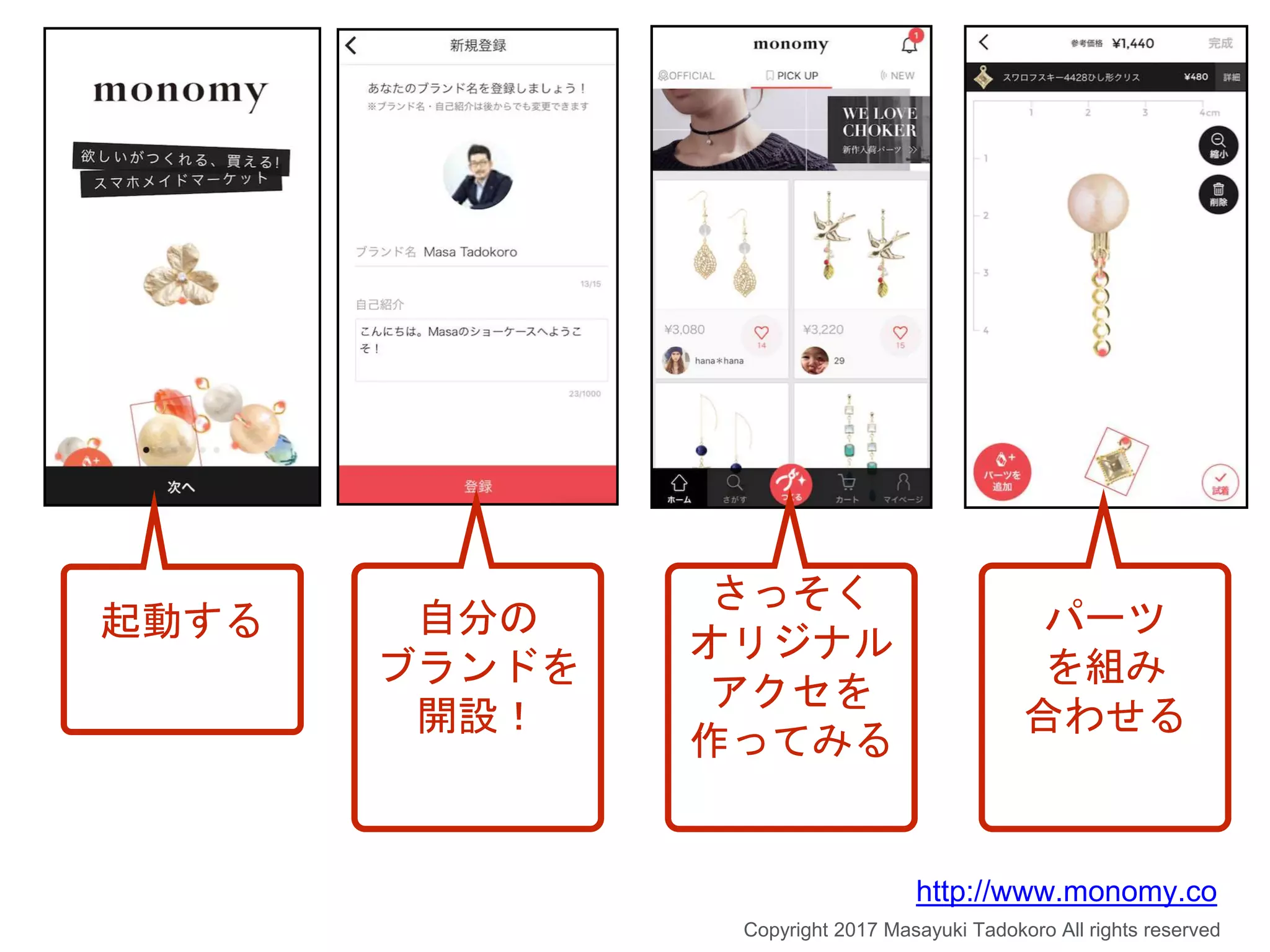 起動する 自分の
ブランドを
開設！
さっそく
オリジナル
アクセを
作ってみる
パーツ
を組み
合わせる
Copyright 2017 Masayuki Tadokoro All rights reserved
http://www.monomy.co
 