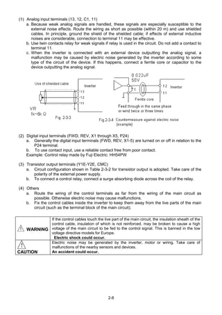 2-8
(1) Analog input terminals (13, 12, C1, 11)
a. Because weak analog signals are handled, these signals are especially susceptible to the
external noise effects. Route the wiring as short as possible (within 20 m) and use shielded
cables. In principle, ground the shield of the shielded cable; if effects of external inductive
noises are considerable, connection to terminal 11 may be effective.
b. Use twin contacts relay for weak signals if relay is used in the circuit. Do not add a contact to
terminal 11.
c. When the inverter is connected with an external device outputting the analog signal, a
malfunction may be caused by electric noise generated by the inverter according to some
type of the circuit of the device. If this happens, connect a ferrite core or capacitor to the
device outputting the analog signal.
(2) Digital input terminals (FWD, REV, X1 through X5, P24)
a. Generally the digital input terminals (FWD, REV, X1-5) are turned on or off in relation to the
P24 terminal.
b. To use contact input, use a reliable contact free from poor contact.
Example: Control relay made by Fuji Electric: HH54PW
(3) Transistor output terminals (Y1E-Y2E, CMC)
a. Circuit configuration shown in Table 2-3-2 for transistor output is adopted. Take care of the
polarity of the external power supply.
b. To connect a control relay, connect a surge absorbing diode across the coil of the relay.
(4) Others
a. Route the wiring of the control terminals as far from the wiring of the main circuit as
possible. Otherwise electric noise may cause malfunctions.
b. Fix the control cables inside the inverter to keep them away from the live parts of the main
circuit (such as the terminal block of the main circuit).
！！！！ WARNING
If the control cables touch the live part of the main circuit, the insulation sheath of the
control cable, insulation of which is not reinforced, may be broken to cause a high
voltage of the main circuit to be fed to the control signal. This is banned in the low
voltage directive models for Europe.
Electric shock could occur.
！！！！
CAUTION
Electric noise may be generated by the inverter, motor or wiring. Take care of
malfunctions of the nearby sensors and devices.
An accident could occur.
 