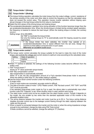 5-21
F40 Torque limiter 1 (Driving)
F41 Torque limiter 1 (Braking)
◆The torque limiting operation calculates the motor torque from the output voltage, current, resistance of
the primary winding of the motor and other data to control the frequency so that the calculated value
does not exceed the control value. This operation insures inverter operation without tripping upon
abrupt changes in the load torque while the limit value is maintained.
◆Select the limit values of the driving torque and braking torque.
◆The acceleration/deceleration operation time during activation of this function becomes longer than the
set acceleration/deceleration time. When the driving torque is limited during constant speed operation,
the frequency is lowered to reduce the load torque. (When the braking torque is limited, the contrary
occurs.)
Setting range: 20 to 200,999%
Set "999" to inactivate the torque limiter.
Set only the braking torque to "0" to automatically avoid OU tripping caused by power
regeneration.
！！！！ WARNING
• If the torque limiter has been selected, the inverter may operate at an
acceleration/deceleration time or speed different from the set ones. Design the
machine so that safety is ensured even in such cases.
Otherwise an accident could occur.
F42 Torque vector control 1
◆The torque vector control calculates the torque suitable for the load to make the most of the motor
torque, and controls the voltage and current vectors to optimum ones according to the calculated value.
Setting State of operation
０ Inactive
１ Active
◆ When "1" (active) is selected, the settings of the following function codes become different from the
written ones.
1) F09 "Torque boost 1"
Works as "0" value (automatic torque boost).
2) P09 "Slip compensation control"
Slip compensation is automatically activated.
When "0" is set, the slip compensation amount of a Fuji's standard three-phase motor is assumed.
When the setting is other than "0", the written setting is applied.
Use the torque vector control function under the following conditions.
1) A single motor
If two or more motors are connected, accurate control is difficult.
2) The data of function codes of motor 1 (P03 "Rated current", P06 "No-load current", P07 "%R1" and P08
"%X") must be accurate.
If the standard three-phase motor made by Fuji is used, the above data is automatically input when
function code P02 "Capacity" is set. When another motor is used, perform auto tuning.
3) The rated motor current must not be too smaller than the rated inverter current. Though it depends on
the model, the one smaller by two ranks than the standard applicable motor of the inverter is the
allowable smallest motor.
4) The wiring distance between the inverter and motor must be up to 50 m. Too long a wiring distance
disables accurate control due to the leakage current flowing through the static capacity between the
cable and the ground.
5) When a reactor is connected between the inverter and the motor or when the wiring impedance is large
enough to be overlooked, change the data using P04 "Auto tuning".
If these conditions cannot be satisfied, change the setting to "0" (inactive).
 