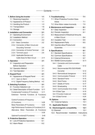 Contents
1. Before Using the Inverter････････････････････････････････････････････････････ 1-1
1-1 Receiving Inspection ･･････････････ 1-1
1-2 Appearance of Product ････････････ 1-1
1-3 Handling the Product ･･････････････ 1-3
1-4 Transportation ････････････････････ 1-6
1-5 Storage･･････････････････････････ 1-6
2. Installation and Connection ････････････････････････････････････････ 2-1
2-1 Operating Environment ････････････ 2-1
2-2 Installation Method ････････････････ 2-1
2-3 Connection･･･････････････････････ 2-2
2-3-1 Basic Connection･･･････････････ 2-2
2-3-2 Connection of Main Circuit and
Grounding Terminal･････････････ 2-4
2-3-3 Connection of Control Terminal･･･ 2-6
2-3-4 Terminal Layout ････････････････ 2-9
2-3-5 Applicable Devices and
Cable Sizes for Main Circuit ･･････ 2-11
3. Operation････････････････････････････････････････････････････････････････････････････････････････････････････････････ 3-1
3-1 Inspection and Preparation
Before Operation･･････････････････ 3-1
3-2 Operation Method･････････････････ 3-1
3-3 Test Operation････････････････････ 3-1
4. Keypad Panel ････････････････････････････････････････････････････････････････････････････････････････････ 4-1
4-1 Appearance of Keypad Panel･･･････ 4-1
4-1-1 Upon an Alarm ･････････････････ 4-3
4-1-2 Digital Frequency Setting Method ･ 4-3
5. Selecting Functions ････････････････････････････････････････････････････････････････････ 5-1
5-1 Function Selection List･････････････ 5-1
5-2 Detail Description of Each Function ･ 5-11
Fundamental Functions (F Functions) ･･･ 5-11
Extension Terminal Functions (E Functions)
･･････････････････････････････ 5-21
Control Functions of Frequency
(C Functions) ････････････････････････ 5-26
Motor Parameters (P Functions) ････････ 5-29
High Performance Functions (H Functions) 5-31
Alternative Motor Parameters (A Functions)
･･････････････････････････････ 5-39
Optional Functions(O Functions)････････ 5-40
6. Protective Operation ････････････････････････････････････････････････････････････････････ 6-1
6-1 List of Protective Operations････････ 6-1
6-2 Alarm Reset･･････････････････････ 6-2
7. Troubleshooting････････････････････････････････････････････････････････････････････････････････････7-1
7-1 When Protective Function Goes
Active ･･･････････････････････････ 7-1
7-2 When Motor rotates Incorrectly ･･･････ 7-5
8. Maintenance and Inspection ････････････････････････････････････････8-1
8-1 Daily Inspection･･･････････････････ 8-1
8-2 Periodic Inspection ････････････････ 8-1
8-3 Measurement of Electrical Amounts
in Main Circuit ････････････････････ 8-4
8-4 Insulation Test ････････････････････ 8-5
8-5 Replacement Parts ････････････････ 8-5
8-6 Inquiries about Product and
Guarantee ･･･････････････････････ 8-5
9. Specifications ････････････････････････････････････････････････････････････････････････････････････････････9-1
9-1 Standard Specifications ････････････ 9-1
9-2 Common Specifications････････････ 9-3
9-3 External Dimensions ･･････････････ 9-7
9-4 RS485 Communication ････････････ 9-11
9-4-1 Connector and Communication
Cable ･･････････････････････････9-12
9-4-2 Recommended RS-232C/RS485
Converter ･･････････････････････9-12
9-4-3 Remove/local changeover ････････9-12
9-4-4 Communication Protocol ･････････9-13
9-4-5 Standard Frame･････････････････9-15
9-4-6 Short Frame ････････････････････9-16
9-4-7 Details of Frame ････････････････9-17
9-4-8 Broadcasting ･･･････････････････9-18
9-4-9 Communication Error Code ･･･････9-19
9-4-10Data Type ･･････････････････････9-19
9-4-11Function Code List･･･････････････9-20
9-4-12Data Format ････････････････････9-24
10. Options ････････････････････････････････････････････････････････････････････････････････････････････････････････････････10-1
10-1 External Options ･････････････････ 10-1
11. Applicable Reactor ････････････････････････････････････････････････････････････････････11-1
12. Electromagnetic compatibility････････････････････････････12-1
12-1General･･････････････････････････ 12-1
12-2 Recommended Installation Instructions
･････････････････････････････････ 12-1
 