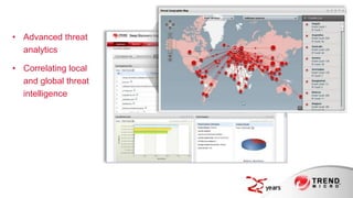 • Advanced threat
  analytics

• Correlating local
  and global threat
  intelligence
 
