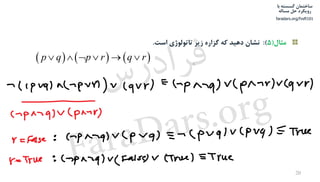 ‫ﺳﺎﺧﺘﻤﺎن‬‫ﺑﺎ‬ ‫ﮔﺴﺴﺘﻪ‬
‫ﺣﻞ‬ ‫روﻳﻜﺮد‬‫ﻣﺴﺎﻟﻪ‬
faradars.org/fvsft101
‫ﻣﺜﺎل‬)5:(‫ﻧﺸﺎن‬‫اﺳﺖ‬ ‫ﺗﺎﺗﻮﻟﻮژي‬ ‫زﻳﺮ‬ ‫ﮔﺰاره‬ ‫ﻛﻪ‬ ‫دﻫﻴﺪ‬.
     p q p r q r     
20
‫س‬‫ر‬‫د‬‫ا‬‫ﺮ‬‫ﻓ‬
FaraDars.org
 