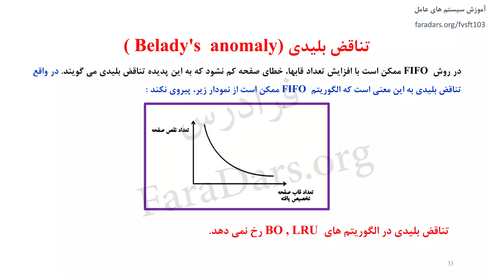 ‫های‬ ‫سیستم‬ ‫آموزش‬‫عامل‬
faradars.org/fvsft103
‫بلیدی‬ ‫تناقض‬( Belady's anomaly)
‫در‬‫روش‬FIFO‫ممکن‬‫است‬‫با‬‫افزایش‬‫تعداد‬،‫قابها‬‫خطای‬‫صفحه‬‫کم‬‫نشود‬‫که‬‫به‬‫این‬‫پدیده‬‫تناقض‬‫بلیدی‬‫می‬‫گوین‬‫د‬.‫در‬‫واقع‬
‫تناقض‬‫بلیدی‬‫به‬‫این‬‫معنی‬‫است‬‫که‬‫الگوریتم‬FIFO‫ممکن‬‫است‬‫از‬‫نمودار‬،‫زیر‬‫پیروی‬‫نکند‬:
33
‫های‬ ‫الگوریتم‬ ‫در‬ ‫بلیدی‬ ‫تناقض‬BO , LRU‫دهد‬ ‫نمی‬ ‫رخ‬.
‫س‬‫ر‬‫د‬‫ا‬‫ﺮ‬‫ﻓ‬
FaraDars.org
 