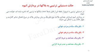 ‫ذخیره‬ ‫آموزش‬‫و‬‫بازیابی‬
‫اطالعات‬
faradars.org/fvsft106
16
‫در‬‫فایل‬ ‫از‬ ‫ای‬ ‫نقطه‬ ‫از‬ ‫شروع‬ ‫با‬ ‫ترتيبی‬ ‫دستيابی‬(‫مثال‬BOF)‫مدی‬ ‫خوانده‬ ،‫اند‬ ‫شده‬ ‫ذخيره‬ ‫که‬ ‫ترتيبی‬ ‫به‬ ‫بالکها‬ ،
‫شوند‬.
‫در‬‫انبوه‬ ‫پردازش‬(‫بالک‬ ‫تعدادی‬ ‫پردازش‬)‫گ‬ ‫تداثير‬ ‫انتقدال‬ ‫ندرخ‬ ‫در‬ ‫بالک‬ ‫پردازش‬ ‫زمان‬ ‫و‬ ‫بافرینگ‬ ‫نوع‬ ،‫و‬ ‫ذارندد‬
‫سازند‬ ‫می‬ ‫ممكن‬ ‫را‬ ‫زیر‬ ‫حالت‬ ‫چهار‬:
‫حالت‬‫انبوه‬ ‫پردازش‬ ‫در‬ ‫بالکها‬ ‫به‬ ‫ترتیبی‬ ‫دستیابی‬
1-‫مرتب‬ ‫و‬ ‫ساده‬ ‫بافرینگ‬‫خوانی‬
2-‫درهم‬ ‫و‬ ‫ساده‬ ‫بافرینگ‬‫خوانی‬
3-‫کارایی‬ ‫شرط‬ ‫و‬ ‫مضاعف‬ ‫بافرینگ‬
4-‫کارایی‬ ‫شرط‬ ‫عدم‬ ‫و‬ ‫مضاعف‬ ‫بافرینگ‬
‫س‬‫ر‬‫د‬‫ا‬‫ﺮ‬‫ﻓ‬
FaraDars.org
 