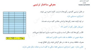 ‫ذخیره‬ ‫آموزش‬‫و‬‫بازیابی‬
‫اطالعات‬
faradars.org/fvsft106
3
‫در‬‫فایل‬‫ترتیبی‬،‫کلیدی‬‫رکوردها‬‫به‬‫ترتیب‬‫کلید‬‫ذخیره‬‫می‬‫شوند‬.
‫ترتیبی‬ ‫ساختار‬ ‫معرفی‬
Vn…V2V1
‫قالب‬‫رکوردها‬‫ثابت‬‫مكان‬‫است‬‫و‬‫نیازی‬‫به‬‌‫ه‬‫ذخیر‬‫سازی‬‫اسم‬‫فیلد‬‫نمی‬‫‌باشد‬.
‌‫صرفه‌جویی‌در‌حافظه‌به‌علت‌ذخیره‌نكردن‌اسم‬‫فیلد‬
‫استراتژی‌دستیابی‬‫دارد‬.
‌‫مصرف‌حافظه‌بیشتر‌به‌علت‌در‌نظر‌گرفتن‌فیلد‌برای‌اطالع‌نهست‬
‫در‬‫لود‬،‫اولیه‬‫همه‬‫رکوردها‬‫براساس‬‫مقادیر‬‫کلید‬‫مرتب‬‫هست‬‫ند‬.
‫تقارن‬‌‫ندارد‬‌:‫چون‌استراتژی‌دستیابی‌فقط‌متكی‌به‌کلید‌است‌و‌صفات‌دیگر‌ن‬‫قش‌ندارند‬.
‌‫‌توان‬‫ی‬‫نم‬‫طول‌رکورد‌را‌تغییر‌داد‬.
‫س‬‫ر‬‫د‬‫ا‬‫ﺮ‬‫ﻓ‬
FaraDars.org
 