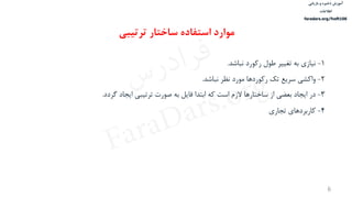 ‫ذخیره‬ ‫آموزش‬‫و‬‫بازیابی‬
‫اطالعات‬
faradars.org/fvsft106
6
1-‫نیازی‌به‌تغییر‌طول‌رکورد‌نباشد‬‌.
2-‫واکشی‌سریع‌تك‌رکوردها‌مورد‌نظر‌نباشد‬.
3-‫در‌ایجاد‌بعضی‌از‌ساختارها‌الزم‌است‌که‌ابتدا‌فایل‌به‌صورت‌ترتیبی‌ایجاد‌گردد‬.
4-‌‫کاربردهای‬‫تجاری‬
‫ترتیبی‬ ‫ساختار‬ ‫استفاده‬ ‫موارد‬
‫س‬‫ر‬‫د‬‫ا‬‫ﺮ‬‫ﻓ‬
FaraDars.org
 