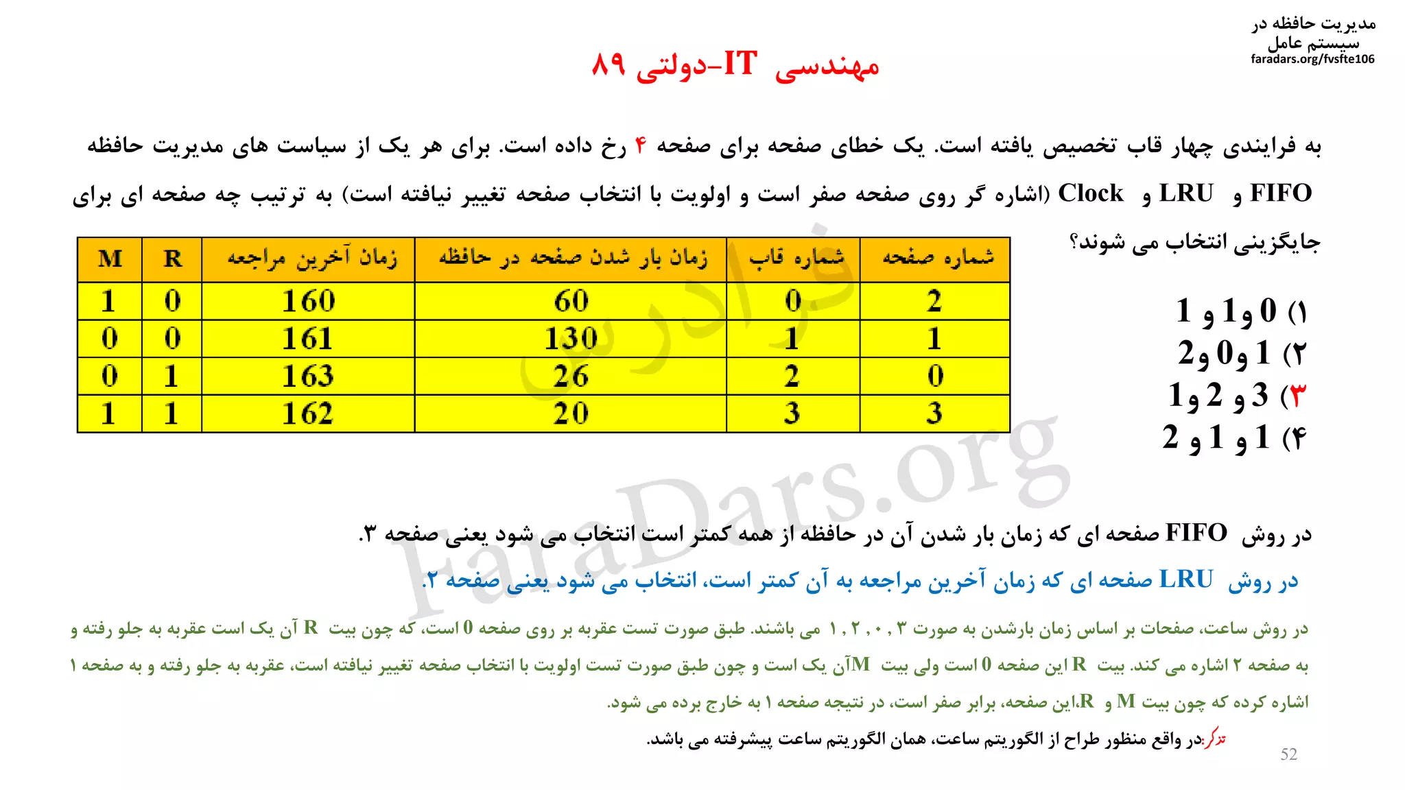 ‫در‬ ‫حافظه‬ ‫مدیریت‬
‫سیستم‬‫عامل‬
faradars.org/fvsfte106
‫به‬‫فرایندی‬‫چهار‬‫قاب‬‫تخصیص‬‫یافته‬‫است‬.‫یک‬‫خطای‬‫صفحه‬‫برای‬‫صفحه‬4‫رخ‬‫داده‬‫است‬.‫برای‬‫هر‬‫یک‬‫از‬‫سیاست‬‫های‬‫مدیریت‬‫حافظه‬
FIFO‫و‬LRU‫و‬Clock(‫اشاره‬‫گر‬‫روی‬‫صفحه‬‫صفر‬‫است‬‫و‬‫اولویت‬‫با‬‫انتخاب‬‫صفحه‬‫تغییر‬‫نیافته‬‫است‬)‫به‬‫ترتیب‬‫چه‬‫صفحه‬‫ای‬‫ب‬‫رای‬
‫جایگزینی‬‫انتخاب‬‫می‬‫شوند‬‫؟‬
‫مهندسی‬IT-‫دولتی‬89
1)0‫و‬1‫و‬1
2)1‫و‬0‫و‬2
3)3‫و‬2‫و‬1
4)1‫و‬1‫و‬2
‫در‬‫روش‬،‫ساعت‬‫صفحات‬‫بر‬‫اساس‬‫زمان‬‫بارشدن‬‫به‬‫صورت‬3,0,2,1‫می‬‫باشند‬.‫طبق‬‫صورت‬‫تست‬‫عقربه‬‫بر‬‫روی‬‫صفحه‬0،‫است‬‫که‬‫چون‬‫بیت‬R‫آن‬‫یک‬‫است‬‫عقربه‬‫به‬‫جلو‬‫رفته‬‫و‬
‫به‬‫صفحه‬2‫اشاره‬‫می‬‫کند‬.‫بیت‬R‫این‬‫صفحه‬0‫است‬‫ولی‬‫بیت‬M‫آن‬‫یک‬‫است‬‫و‬‫چون‬‫طبق‬‫صورت‬‫تست‬‫اولویت‬‫با‬‫انتخاب‬‫صفحه‬‫تغییر‬‫نیافته‬،‫است‬‫عقربه‬‫به‬‫جلو‬‫رفته‬‫و‬‫به‬‫ص‬‫فحه‬1
‫اشاره‬‫کرده‬‫که‬‫چون‬‫بیت‬M‫و‬R،‫این‬،‫صفحه‬‫برابر‬‫صفر‬،‫است‬‫در‬‫نتیجه‬‫صفحه‬1‫به‬‫خارج‬‫برده‬‫می‬‫شود‬.
‫ر‬‫ك‬‫ذ‬‫ت‬:‫در‬‫واقع‬‫منظور‬‫طراح‬‫از‬‫الگوریتم‬،‫ساعت‬‫همان‬‫الگوریتم‬‫ساعت‬‫پیشرفته‬‫می‬‫باشد‬.
52
‫در‬‫روش‬FIFO‫صفحه‬‫ای‬‫که‬‫زمان‬‫بار‬‫شدن‬‫آن‬‫در‬‫حافظه‬‫از‬‫همه‬‫کمتر‬‫است‬‫انتخاب‬‫می‬‫شود‬‫یعنی‬‫صفحه‬3.
‫در‬‫روش‬LRU‫صفحه‬‫ای‬‫که‬‫زمان‬‫آخرین‬‫مراجعه‬‫به‬‫آن‬‫کمتر‬،‫است‬‫انتخاب‬‫می‬‫شود‬‫یعنی‬‫صفحه‬2.
‫س‬‫ر‬‫د‬‫ا‬‫ﺮ‬‫ﻓ‬
FaraDars.org
 