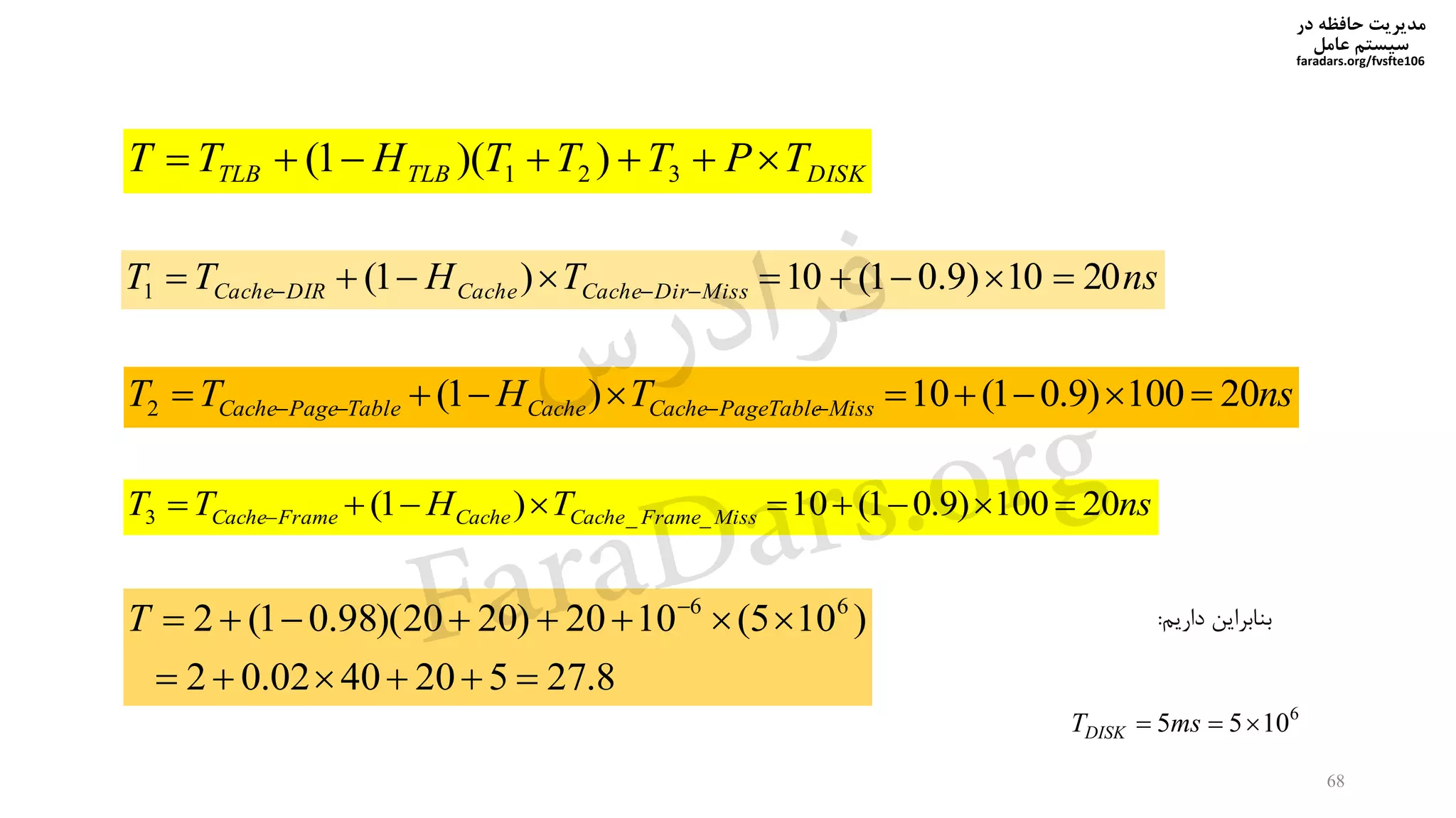 ‫در‬ ‫حافظه‬ ‫مدیریت‬
‫سیستم‬‫عامل‬
faradars.org/fvsfte106
68
DISKTLBTLB TPTTTHTT  321 ))(1(
nsTHTT MissDirCacheCacheDIRCache 2010)9.01(10)1(1  
nsTHTT MissPageTableCacheCacheTablePageCache 20100)9.01(10)1(2  
nsTHTT MissFrameCacheCacheFrameCache 20100)9.01(10)1( __3  
‫داریم‬ ‫بنابراین‬:
8.275204002.02
)105(1020)2020)(98.01(2 66

 
T
6
1055  msTDISK
‫س‬‫ر‬‫د‬‫ا‬‫ﺮ‬‫ﻓ‬
FaraDars.org
 