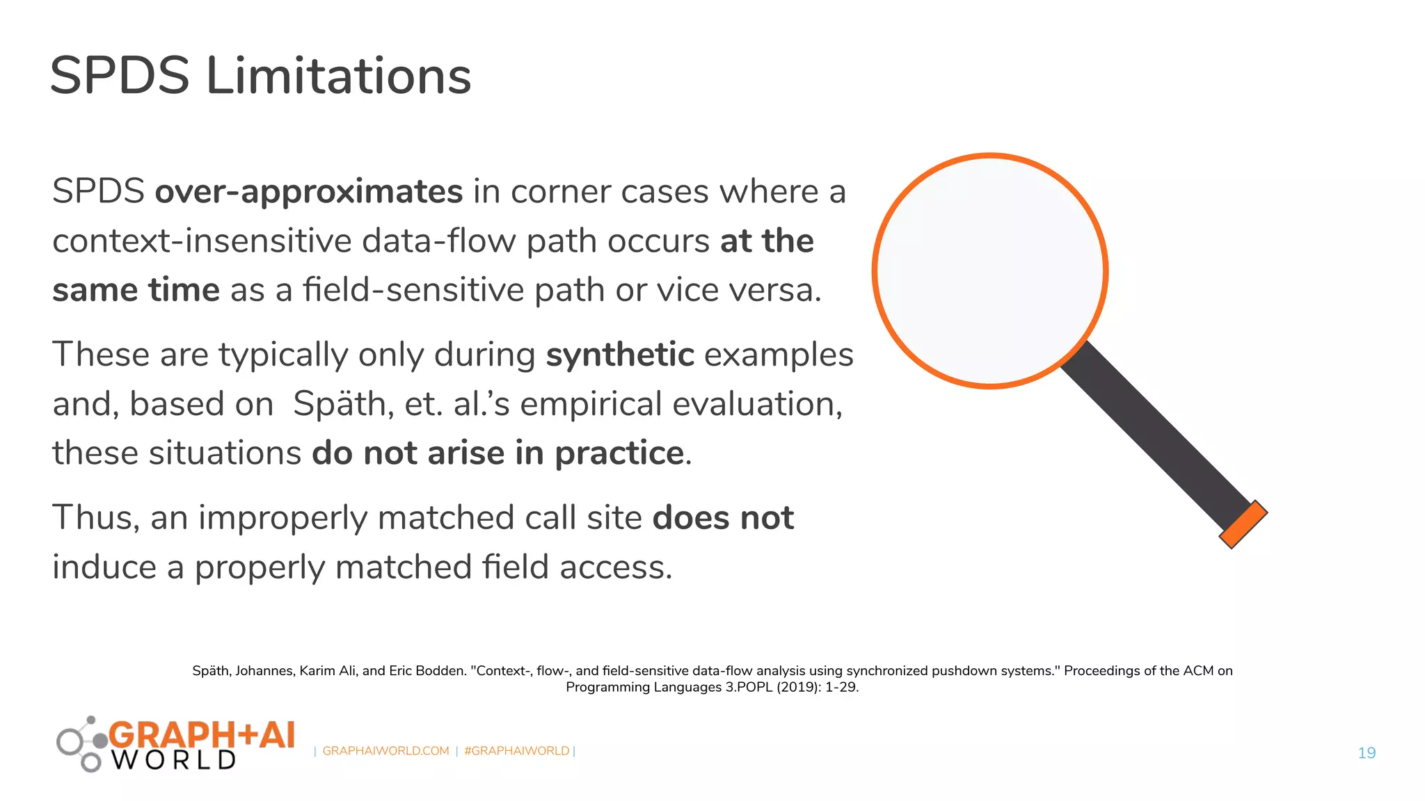 | GRAPHAIWORLD.COM | #GRAPHAIWORLD |
SPDS Limitations
19
Späth, Johannes, Karim Ali, and Eric Bodden. "Context-, ﬂow-, and ﬁeld-sensitive data-ﬂow analysis using synchronized pushdown systems." Proceedings of the ACM on
Programming Languages 3.POPL (2019): 1-29.
SPDS over-approximates in corner cases where a
context-insensitive data-ﬂow path occurs at the
same time as a ﬁeld-sensitive path or vice versa.
These are typically only during synthetic examples
and, based on Späth, et. al.’s empirical evaluation,
these situations do not arise in practice.
Thus, an improperly matched call site does not
induce a properly matched ﬁeld access.
 