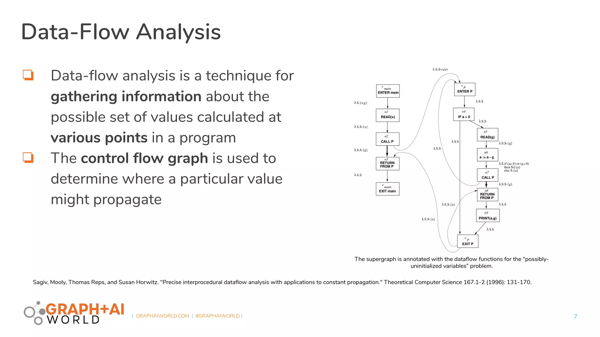 | GRAPHAIWORLD.COM | #GRAPHAIWORLD |
Data-Flow Analysis
❏ Data-ﬂow analysis is a technique for
gathering information about the
possible set of values calculated at
various points in a program
❏ The control ﬂow graph is used to
determine where a particular value
might propagate
7
Sagiv, Mooly, Thomas Reps, and Susan Horwitz. "Precise interprocedural dataﬂow analysis with applications to constant propagation." Theoretical Computer Science 167.1-2 (1996): 131-170.
The supergraph is annotated with the dataﬂow functions for the “possibly-
uninitialized variables” problem.
 