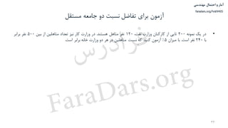 ‫احتمال‬ ‫و‬ ‫آمار‬‫مهندسی‬
faradars.org/fvst9405
‫برای‬ ‫آزمون‬‫مستقل‬ ‫جامعه‬ ‫دو‬ ‫نسبت‬ ‫تفاضل‬
•‫در‬‫یک‬‫نمونه‬200‫تایی‬‫از‬‫کارکنان‬‫وزارت‬،‫نفت‬120‫نفر‬‫متاهل‬‫هستند‬.‫در‬‫وزارت‬‫کار‬‫نیز‬‫تعداد‬‫متاهلین‬‫از‬‫بین‬500‫نفر‬‫برابر‬
‫با‬240‫نفر‬‫است‬.‫با‬‫میزان‬5%‫آزمون‬‫کنید‬‫که‬‫نسبت‬‫متاهلین‬‫در‬‫هر‬‫دو‬‫وزارت‬‫خانه‬‫برابر‬‫است‬.
33
‫س‬‫ر‬‫د‬‫ا‬‫ﺮ‬‫ﻓ‬
FaraDars.org
 