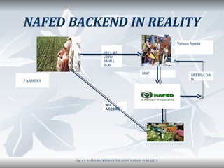 NAFED BACKEND IN REALITY
                                                                   Various Agents

                            SELL AT
                            VERY
                            SMALL
                            SUM

                                                     MSP
                                                                           SEEDS/LOA
FARMERS                                                                    N




                             NO
                             ACCESS




          Fig: 4.2: NAFED BACKEND OF THE SUPPLY CHAIN IN REALITY
 