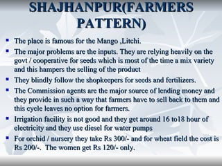 SHAJHANPUR(FARMERS
              PATTERN)
   The place is famous for the Mango ,Litchi.
   The major problems are the inputs. They are relying heavily on the
    govt / cooperative for seeds which is most of the time a mix variety
    and this hampers the selling of the product
   They blindly follow the shopkeepers for seeds and fertilizers.
   The Commission agents are the major source of lending money and
    they provide in such a way that farmers have to sell back to them and
    this cycle leaves no option for farmers.
   Irrigation facility is not good and they get around 16 to18 hour of
    electricity and they use diesel for water pumps
   For orchid / nursery they take Rs 300/- and for wheat field the cost is
    Rs 200/-. The women get Rs 120/- only.
 