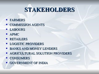 STAKEHOLDERS
   FARMERS
   COMMISSION AGENTS
   LABOURS
   APMC
   RETAILERS
   LOGISTIC PROVIDERS
   BANKS AND MONEY LENDERS
   AGRICULTURAL SOLUTION PROVIDERS
   CONSUMERS
   GOVERNMENT OF INDIA
 