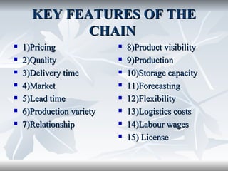 KEY FEATURES OF THE
             CHAIN
   1)Pricing                 8)Product visibility
   2)Quality                 9)Production
   3)Delivery time           10)Storage capacity
   4)Market                  11)Forecasting
   5)Lead time               12)Flexibility
   6)Production variety      13)Logistics costs
   7)Relationship            14)Labour wages
                              15) License
 