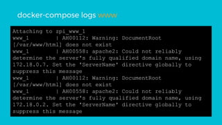 Attaching to zpi_www_1
www_1 | AH00112: Warning: DocumentRoot
[/var/www/html] does not exist
www_1 | AH00558: apache2: Could not reliably
determine the server's fully qualified domain name, using
172.18.0.7. Set the 'ServerName' directive globally to
suppress this message
www_1 | AH00112: Warning: DocumentRoot
[/var/www/html] does not exist
www_1 | AH00558: apache2: Could not reliably
determine the server's fully qualified domain name, using
172.18.0.2. Set the 'ServerName' directive globally to
suppress this message
docker-compose logs www
 