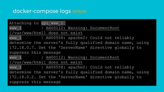 Attaching to zpi_www_1
www_1 | AH00112: Warning: DocumentRoot
[/var/www/html] does not exist
www_1 | AH00558: apache2: Could not reliably
determine the server's fully qualified domain name, using
172.18.0.7. Set the 'ServerName' directive globally to
suppress this message
www_1 | AH00112: Warning: DocumentRoot
[/var/www/html] does not exist
www_1 | AH00558: apache2: Could not reliably
determine the server's fully qualified domain name, using
172.18.0.2. Set the 'ServerName' directive globally to
suppress this message
docker-compose logs www
 
