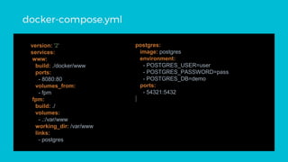 version: '2'
services:
www:
build: ./docker/www
ports:
- 8080:80
volumes_from:
- fpm
fpm:
build: ./
volumes:
- .:/var/www
working_dir: /var/www
links:
- postgres
postgres:
image: postgres
environment:
- POSTGRES_USER=user
- POSTGRES_PASSWORD=pass
- POSTGRES_DB=demo
ports:
- 54321:5432
docker-compose.yml
 