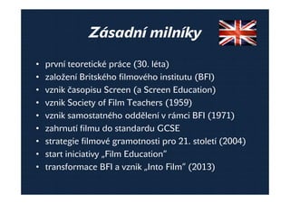 Zásadní milníky
• první teoretické práce (30. léta)
• založení Britského filmového institutu (BFI)
• vznik časopisu Screen...
