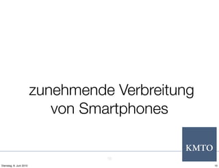 zunehmende Verbreitung
                            von Smartphones


                                   10
Dienstag, 8. Juni 2010                            10
 