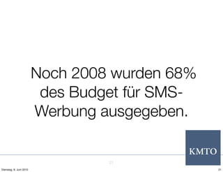 Noch 2008 wurden 68%
                          des Budget für SMS-
                         Werbung ausgegeben.


                                  21
Dienstag, 8. Juni 2010                          21
 