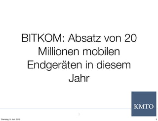 BITKOM: Absatz von 20
                            Millionen mobilen
                          Endgeräten in diesem
                                   Jahr


                                   3
Dienstag, 8. Juni 2010                           3
 