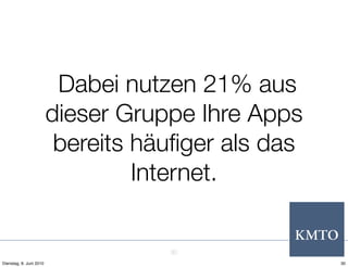 Dabei nutzen 21% aus
                         dieser Gruppe Ihre Apps
                          bereits häuﬁger als das
                                  Internet.


                                    30
Dienstag, 8. Juni 2010                              30
 
