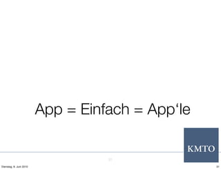 App = Einfach = App‘le


                                   31
Dienstag, 8. Juni 2010                            31
 