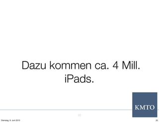 Dazu kommen ca. 4 Mill.
                                iPads.


                                   33
Dienstag, 8. Juni 2010                             33
 