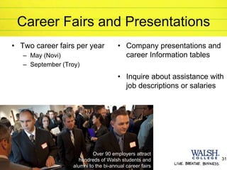 © 2014 Walsh College
Career Fairs and Presentations
• Two career fairs per year
– May (Novi)
– September (Troy)
31
• Company presentations and
career Information tables
• Inquire about assistance with
job descriptions or salaries
Over 90 employers attract
hundreds of Walsh students and
alumni to the bi-annual career fairs
 