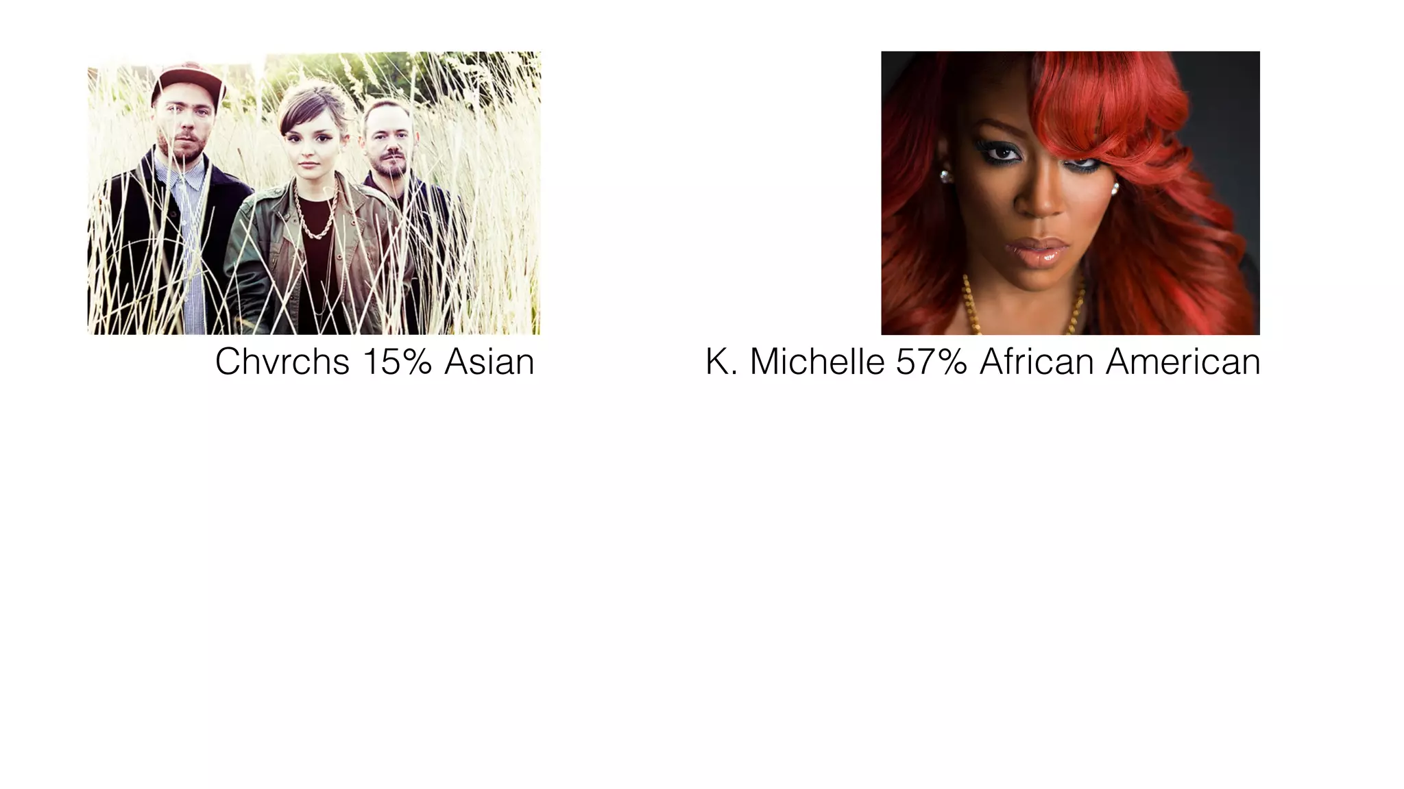 Chvrchs 15% Asian K. Michelle 57% African American
 