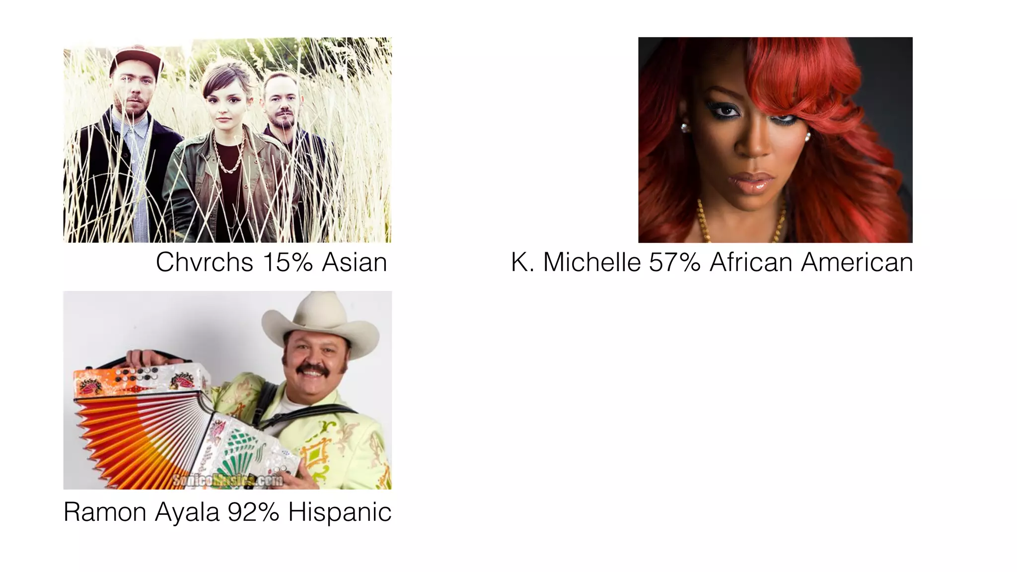 Chvrchs 15% Asian K. Michelle 57% African American
Ramon Ayala 92% Hispanic
 