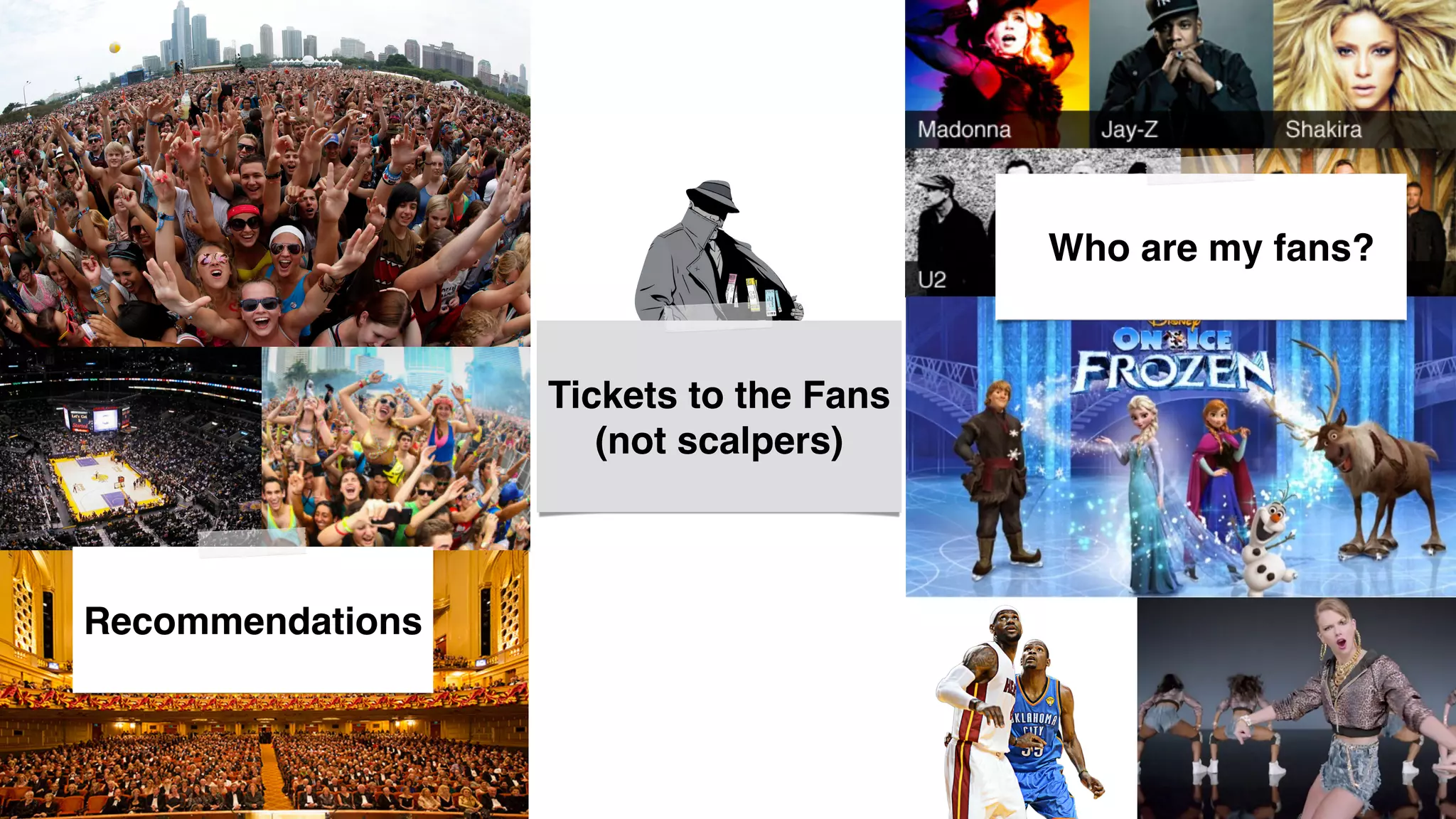 !
Tickets to the Fans!
(not scalpers)!
!
Recommendations!
!
Who are my fans? !
 