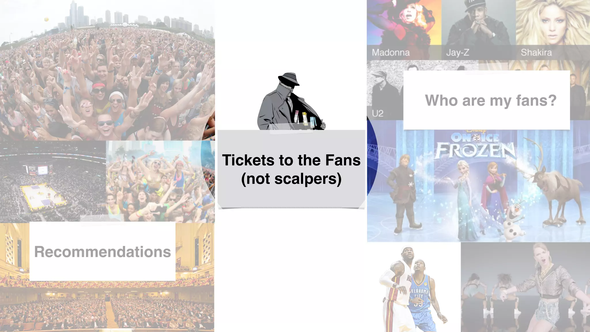 !
Tickets to the Fans!
(not scalpers)!
!
Recommendations!
!
Who are my fans? !
 