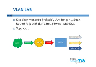 VLAN LAB
 Kita akan mencoba Praktek VLAN dengan 1 Buah
Router MikroTik dan 1 Buah Switch RB260Gs
 Topologi :
ROUTER SWITCH
VLAN 10
VLAN 20
VLAN 30
INTERNET TRUNKCLOUD
13
 