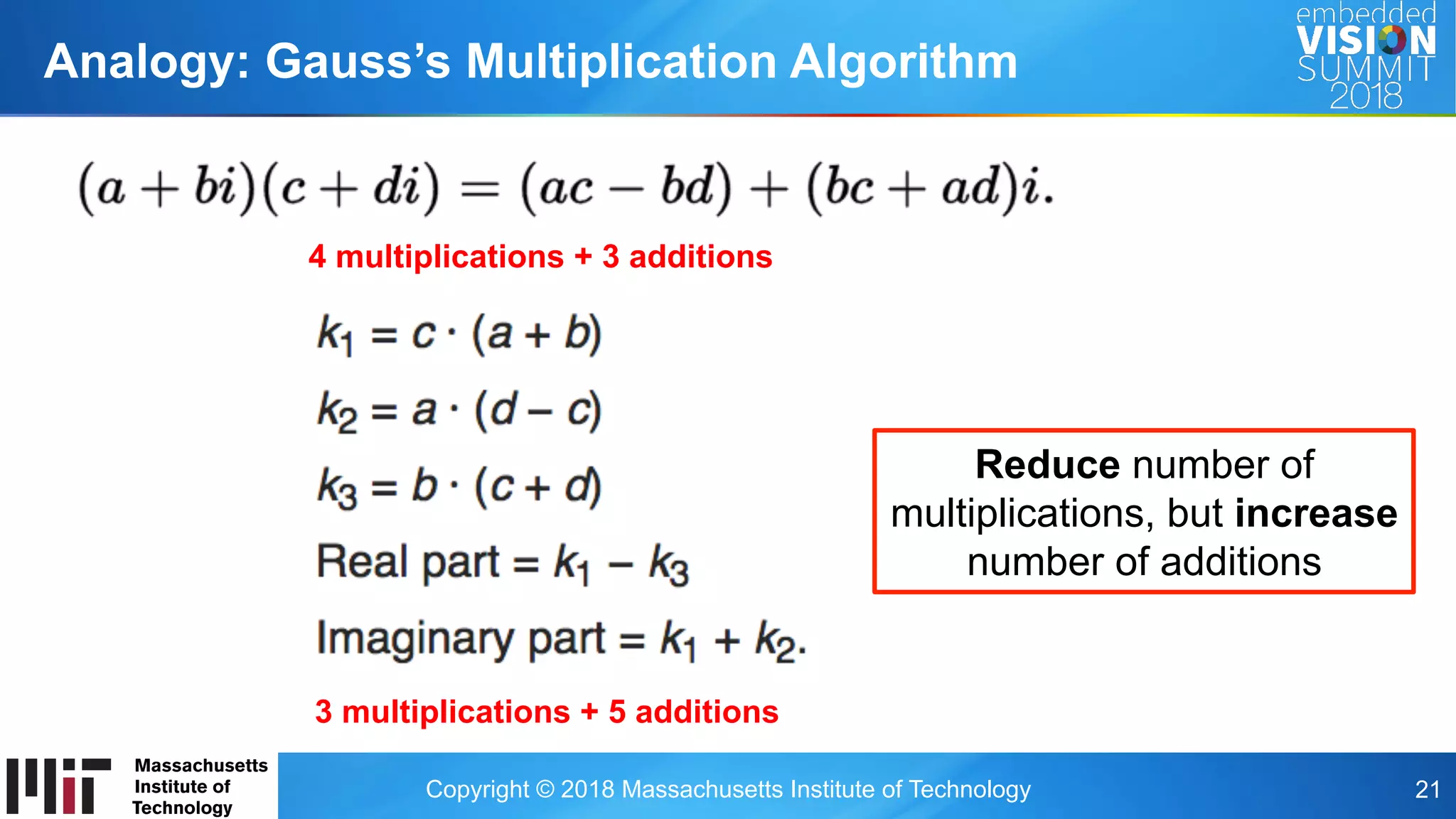 Copyright © 2018 Massachusetts Institute of Technology 21
Analogy: Gauss’s Multiplication Algorithm
4 multiplications + 3 additions
3 multiplications + 5 additions
Reduce number of
multiplications, but increase
number of additions
 