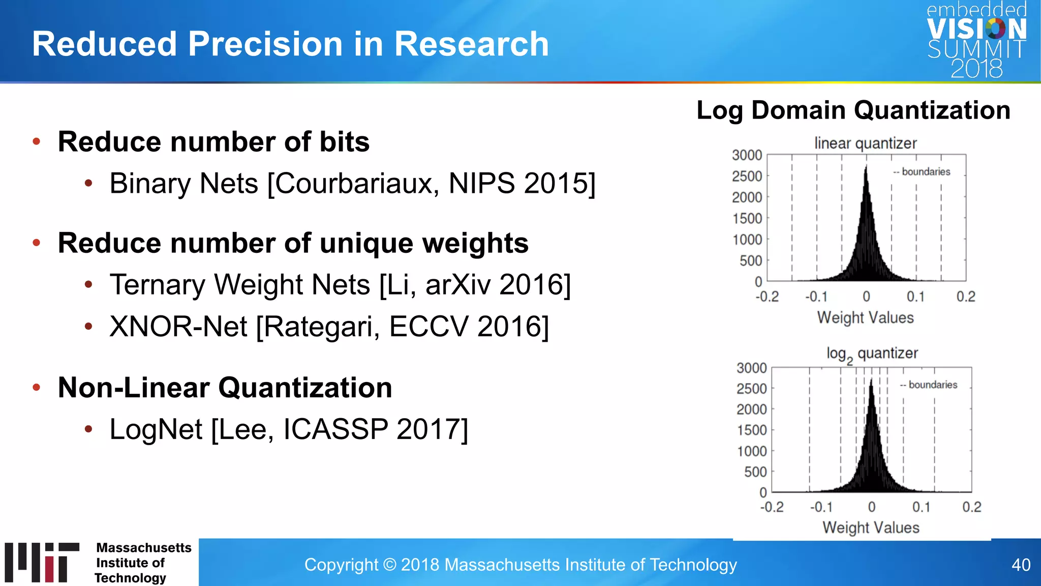 Copyright © 2018 Massachusetts Institute of Technology 40
•  Reduce number of bits
•  Binary Nets [Courbariaux, NIPS 2015]
•  Reduce number of unique weights
•  Ternary Weight Nets [Li, arXiv 2016]
•  XNOR-Net [Rategari, ECCV 2016]
•  Non-Linear Quantization
•  LogNet [Lee, ICASSP 2017]
Reduced Precision in Research
Log Domain Quantization
 