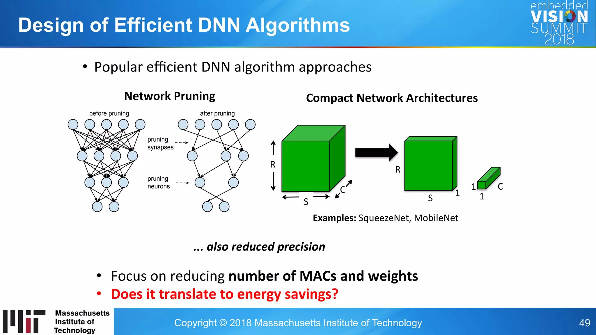 Copyright © 2018 Massachusetts Institute of Technology 49
Design of Efficient DNN Algorithms
•  Popular	eﬃcient	DNN	algorithm	approaches		
	
	
	
Network	Pruning	
C	
1	
1	
S	
R	
1	
R	
S	
C	
Compact	Network	Architectures	
Examples:	SqueezeNet,	MobileNet	
...	also	reduced	precision	
•  Focus	on	reducing	number	of	MACs	and	weights	
•  Does	it	translate	to	energy	savings?	
 